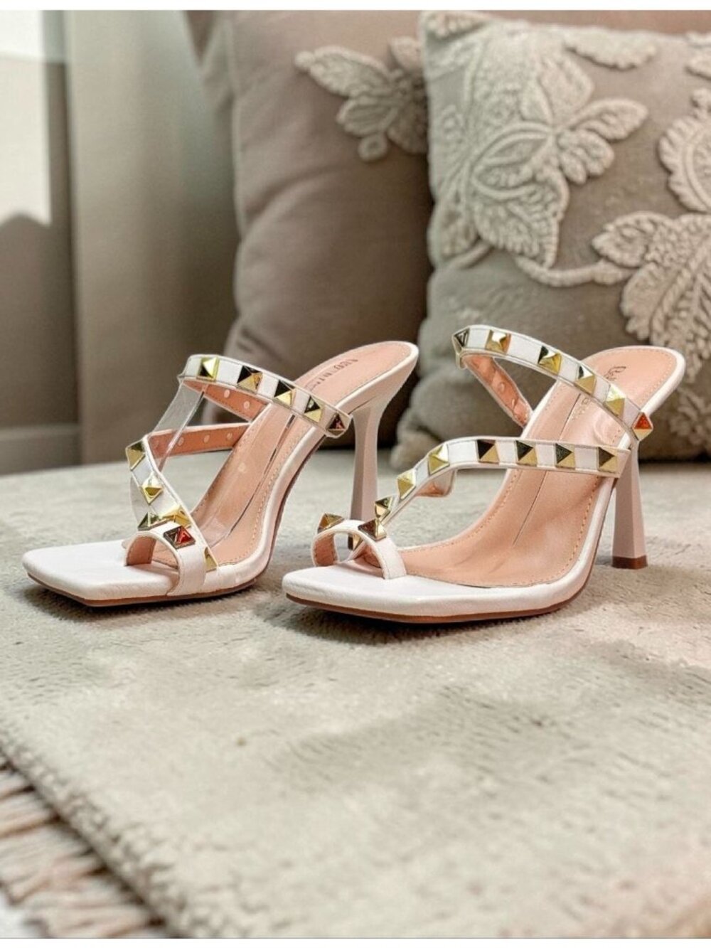 Studded High Heel Sandals With Strappy Design Open Toe & Gold-Tone Accents Ideal